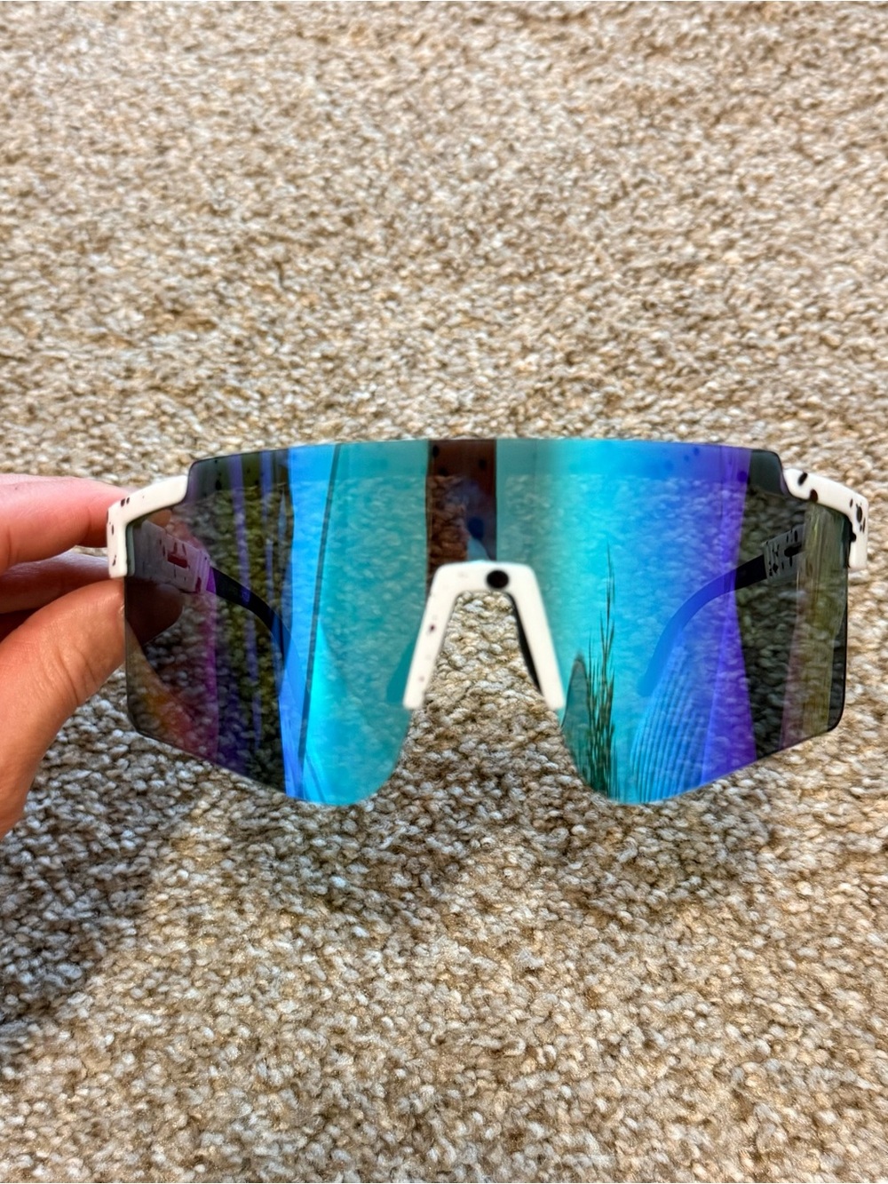 Running Cycling Shield Sport Sunglasses White Black Splatter Blue Mirror Glasses